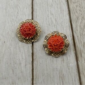 Gold tone and Coral color Floral brooches